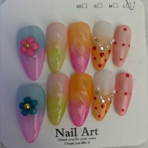 Hand Painted Acrylic Colorful Nail Art Set with Floral and Gem Accents-Large